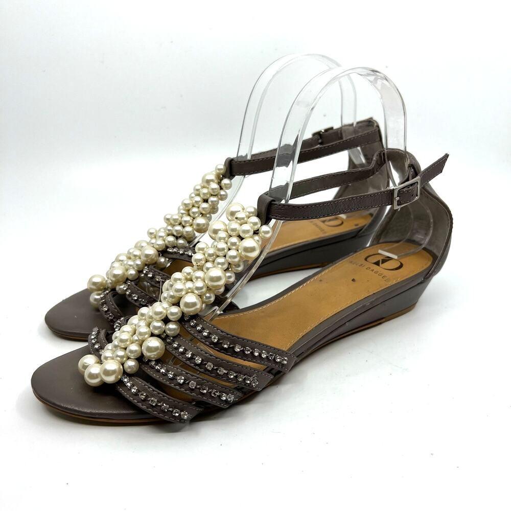 Kelsi Dagger Brown Pearl & Rhinestone T-Strap Wedge Sandals